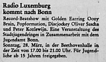 Golden Earring show ad (Oberkasseler Zeitung 1971-03-27) March 27 1971 show Bonn (Germany) - Beethovenhalle